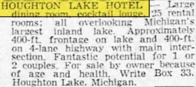 Houghton Lake Hotel (Houghton Lake Tavern) - May 1965 For Sale